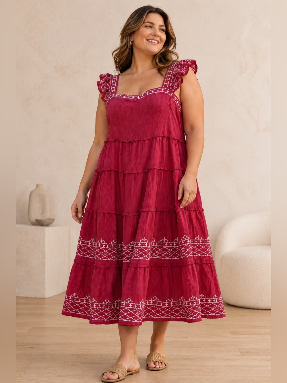 Knox Rose | Embroidered Tiered Boho Maxi Dress Red - Size XL